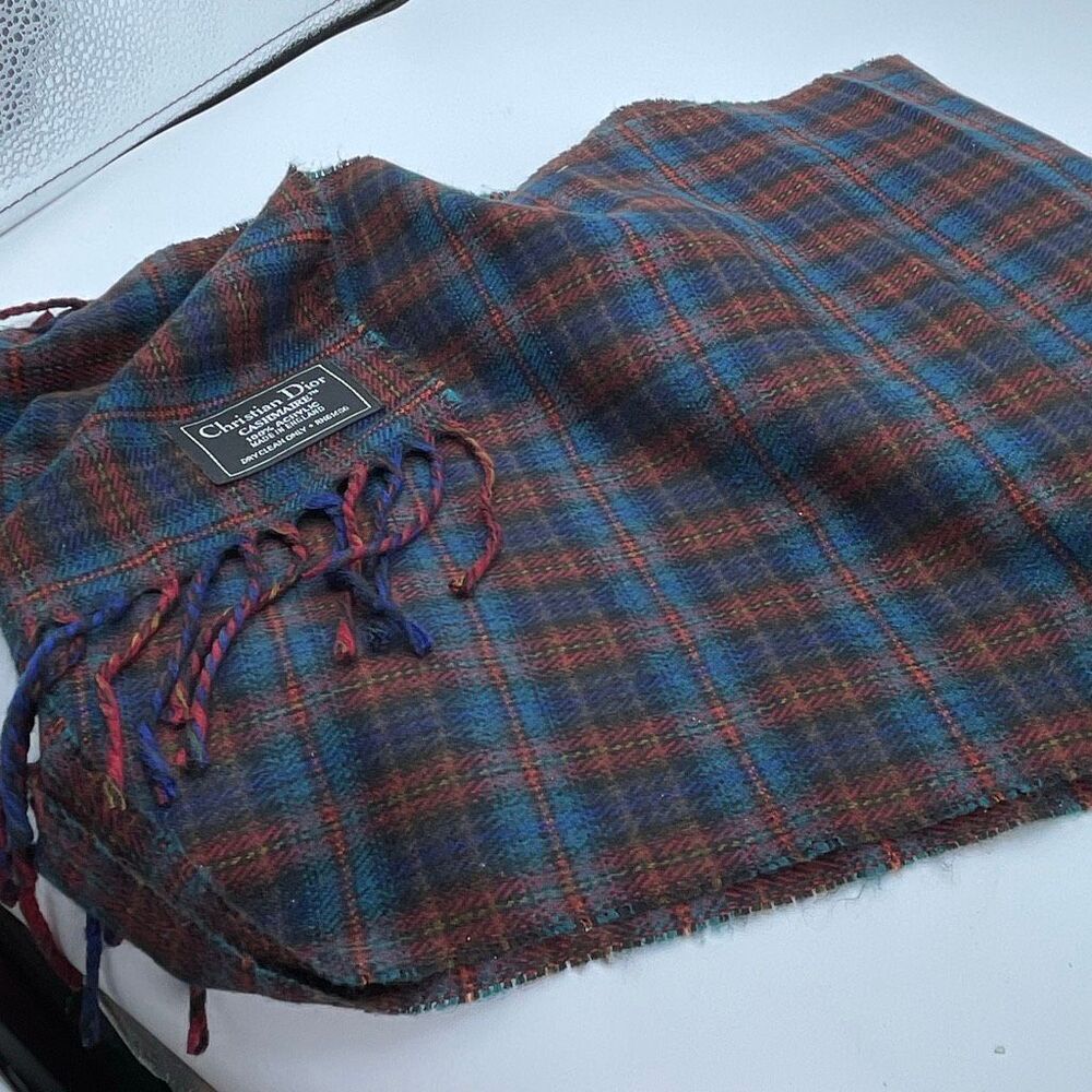 Vintage Christian Dior plaid 56”X11.5” scarf fringe